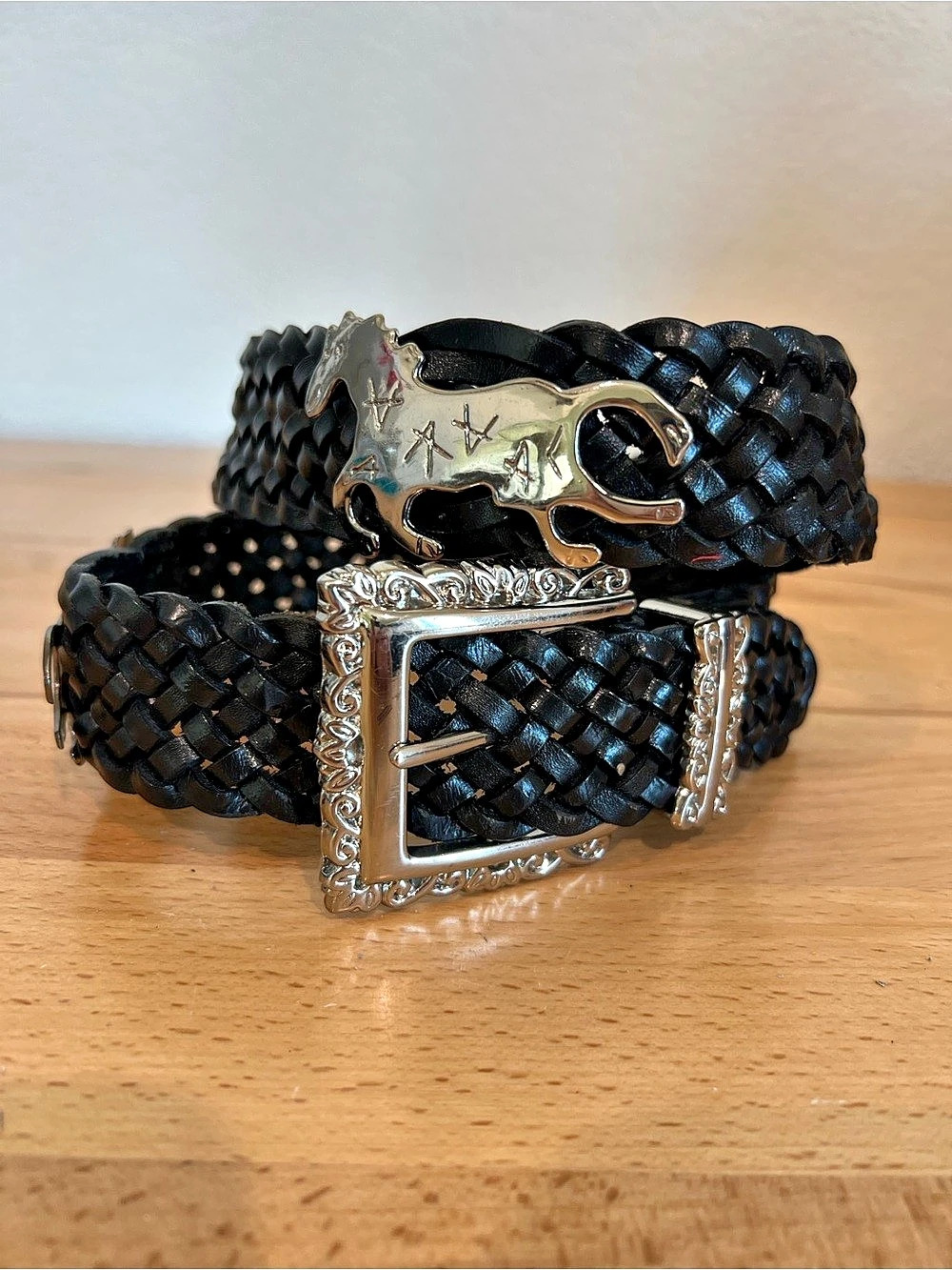 Vintage Black Braided Belt with Horse Conchos Size M